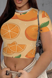 Orange Casual Print Patchwork O Neck T-Shirts