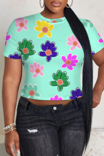 Lake Blue Casual Print Patchwork O Neck T-Shirts