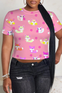 Pink Casual Print Patchwork O Neck T-Shirts