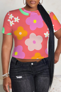 Rose Red Casual Print Patchwork O Neck T-Shirts