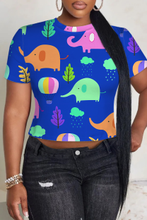 Blue Casual Print Patchwork O Neck T-Shirts