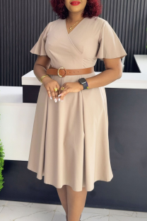 Khaki Elegant Solid Color Pocket With Belt V Neck Long Dresses