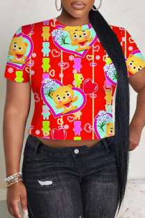 Red Casual Print Patchwork O Neck T-Shirts
