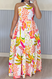 Multicolor Vacation Print Patchwork Backless Halter Long Dresses