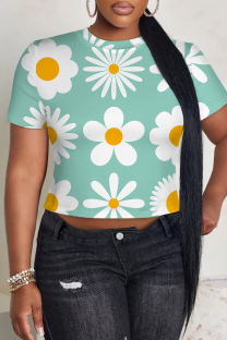 Turquoise Casual Print Patchwork O Neck T-Shirts