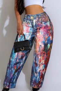 Colour Casual Print Patchwork Loose Mid Waist Conventional Full Print Bottoms