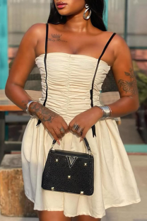 White Sexy Solid Color Ruched Spaghetti Strap A Line Dresses
