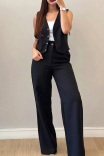 Black Casual Solid Color Buckle V Neck Sleeveless Two Pieces