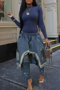 Blue Casual Street Solid Color Ripped Distressed Mid Waist Harlan Denim Jeans