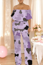 Light Purple Casual Print Off Shoulder Loose Jumpsuits