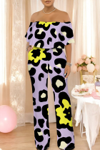 Purple Casual Print Off Shoulder Loose Jumpsuits