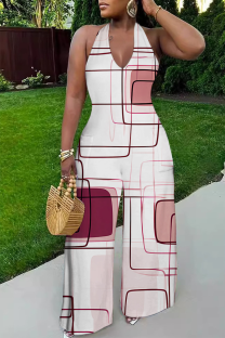 Powder White Casual Print Backless Halter Loose Jumpsuits