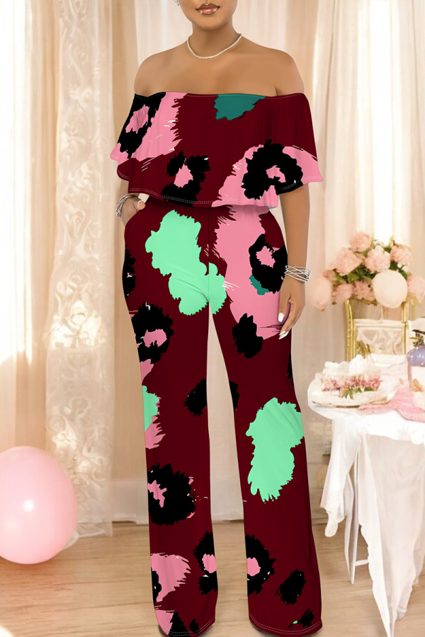 Burgundy Casual Print Off Shoulder Loose Jumpsuits