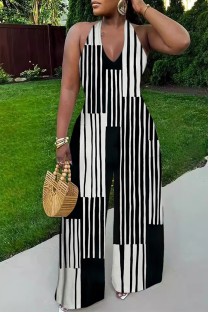 Stripe Casual Print Backless Halter Loose Jumpsuits