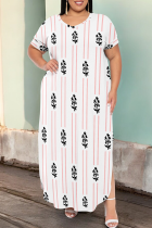Stripe Casual Print Slit V Neck Long Plus Size Dresses