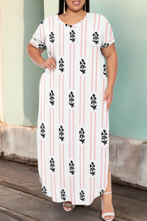 Stripe Casual Print Slit V Neck Long Plus Size Dresses