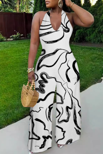 Black And White Casual Print Backless Halter Loose Jumpsuits
