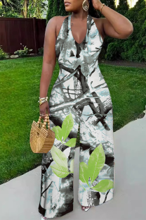 Green Casual Print Backless Halter Loose Jumpsuits