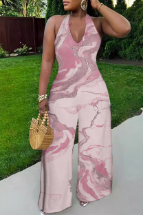 Pink Casual Print Backless Halter Loose Jumpsuits