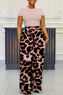 Deep Pink Casual Print Pocket O Neck Short Sleeve Two Pieces