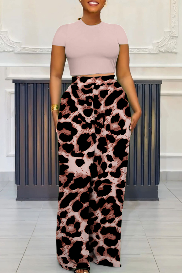Deep Pink Casual Print Pocket O Neck Short Sleeve Two Pieces