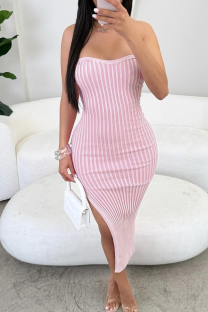 Pink Sexy Solid Color Slit Strapless Wrapped Skirt Dresses