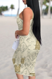 Yellow Sexy Print Patchwork U Neck Wrapped Skirt Dresses