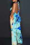 Dark Blue Casual Print Backless Halter Loose Jumpsuits