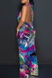 Dark Blue Casual Print Backless Halter Loose Jumpsuits