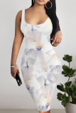 Yellow Sexy Print Patchwork U Neck Wrapped Skirt Dresses