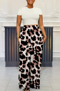 Apricot Casual Print Pocket O Neck Short Sleeve Two Pieces