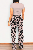 Deep Pink Casual Print Pocket O Neck Short Sleeve Two Pieces
