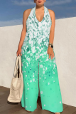 Dark Blue Casual Print Backless Halter Loose Jumpsuits