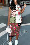 Pink Purple Elegant Print Patchwork Wrapped Skirt Dresses
