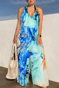 Blue Casual Print Backless Halter Loose Jumpsuits