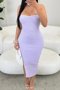 Light Purple Sexy Solid Color Slit Strapless Wrapped Skirt Dresses