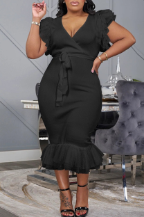 Black Casual Solid Color Strap Design Mesh V Neck Long Dresses