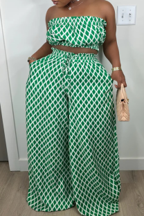 Green Sexy Print Draw String Pocket Strapless Two Pieces