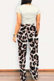 Deep Pink Casual Print Pocket O Neck Short Sleeve Two Pieces