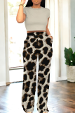 Deep Pink Casual Print Pocket O Neck Short Sleeve Two Pieces