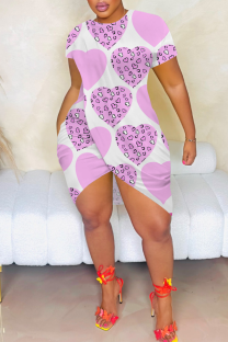 Powder White Sexy Print Slit O Neck Wrapped Skirt Dresses