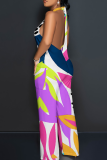 Dark Blue Casual Print Backless Halter Loose Jumpsuits