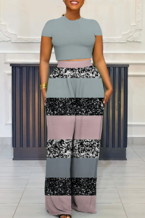 Grey Casual Print Pocket O Neck Short Sleeve Two Pieces