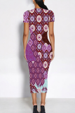 Pink Purple Elegant Print Patchwork Wrapped Skirt Dresses