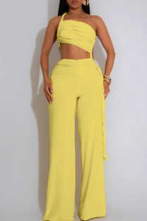Yellow Sexy Solid Color Ruched Strapless Regular Jumpsuits