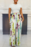 Deep Pink Casual Print Pocket O Neck Short Sleeve Two Pieces