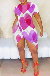Pink Purple Sexy Print Slit O Neck Wrapped Skirt Dresses