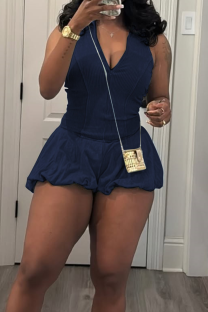 Blue Black Casual Solid Color Patchwork V Neck Regular Rompers