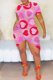 Pink Sexy Print Slit O Neck Wrapped Skirt Dresses