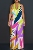 Dark Blue Casual Print Backless Halter Loose Jumpsuits
